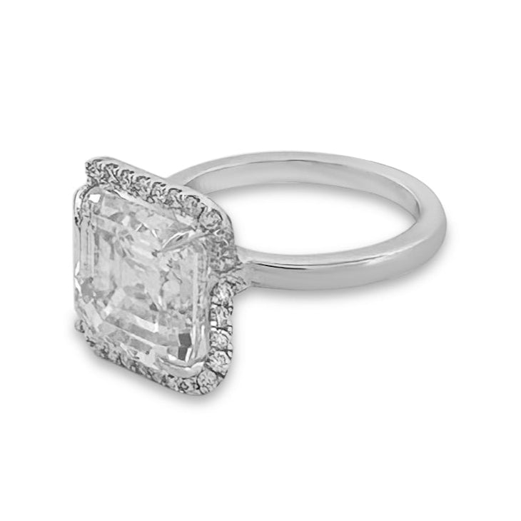 IGI Graded 7.44ct Asscher Cut with Round Brilliant Cut Halo Lab-Grown Diamond Engagement Ring in 14k White Gold