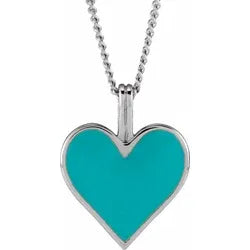 Turquoise Colored Enamel Heart Necklace in 14k Gold