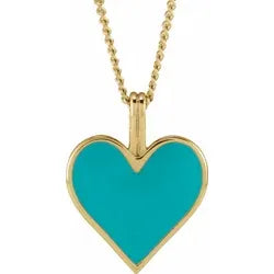 Turquoise Colored Enamel Heart Necklace in 14k Gold