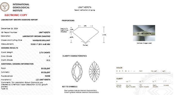 Loose 2.73cts Marquise Lab-Grown Diamond, IGI Graded F VS2