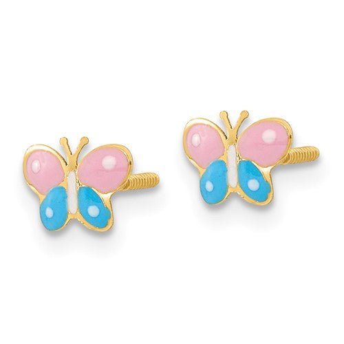 Kids 14K Yellow Gold Butterfly Screwback Blue and Pink Enameled Earrings - Elite Fine Jewelers