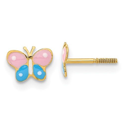 Massete Childrens 14K Gold Screwback Earrings Stud Enameled Butterfly