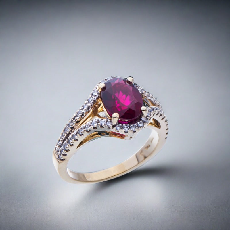 Oval Rubellite Tourmaline and Yellow Gold Diamond Ring - Elite Fine Jewelers