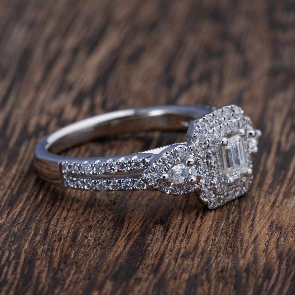 1.04ctw Emerald and Pear Cut Diamond Double Halo Engagement Ring - Elite Fine Jewelers