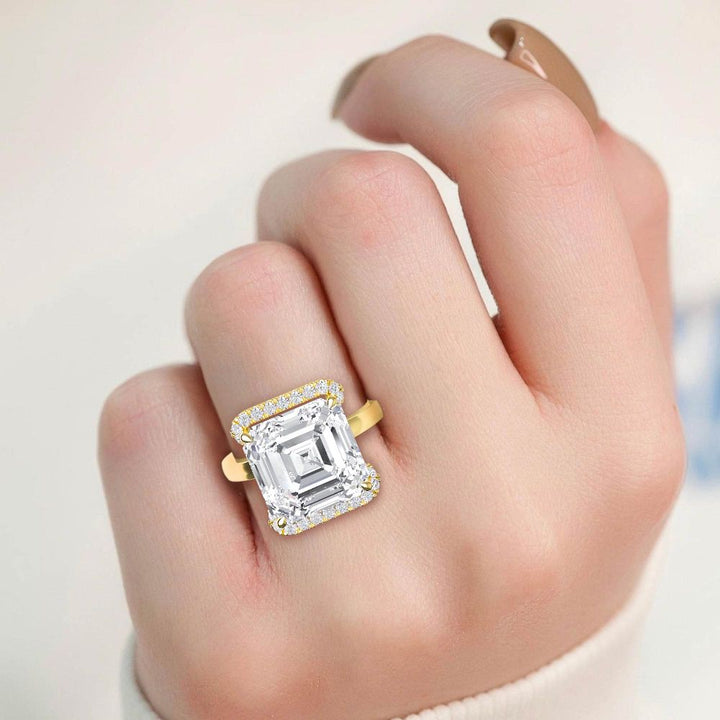 IGI Graded 7.44ct Asscher Cut with Round Brilliant Halo Lab-Grown Diamond Engagement Ring in 14k Gold