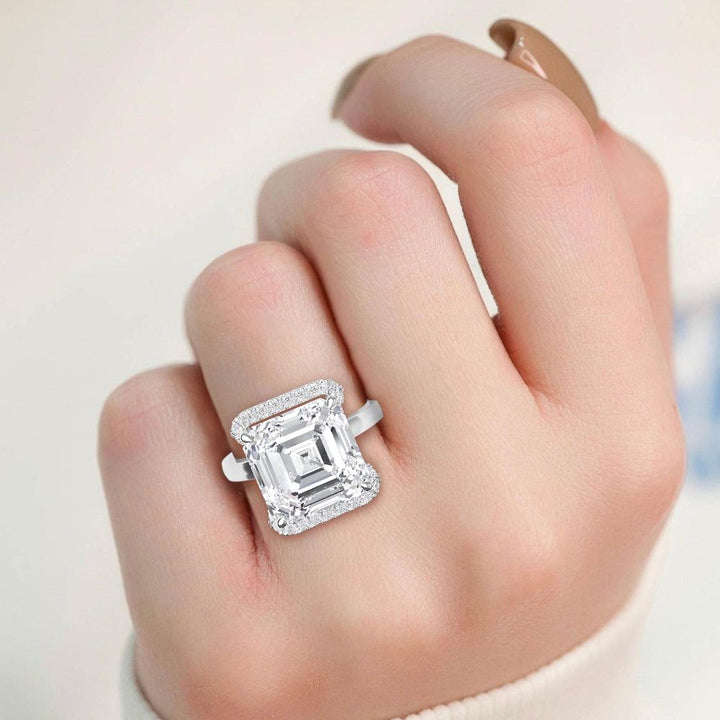 IGI Graded 7.44ct Asscher Cut with Round Brilliant Cut Halo Lab-Grown Diamond Engagement Ring in 14k White Gold