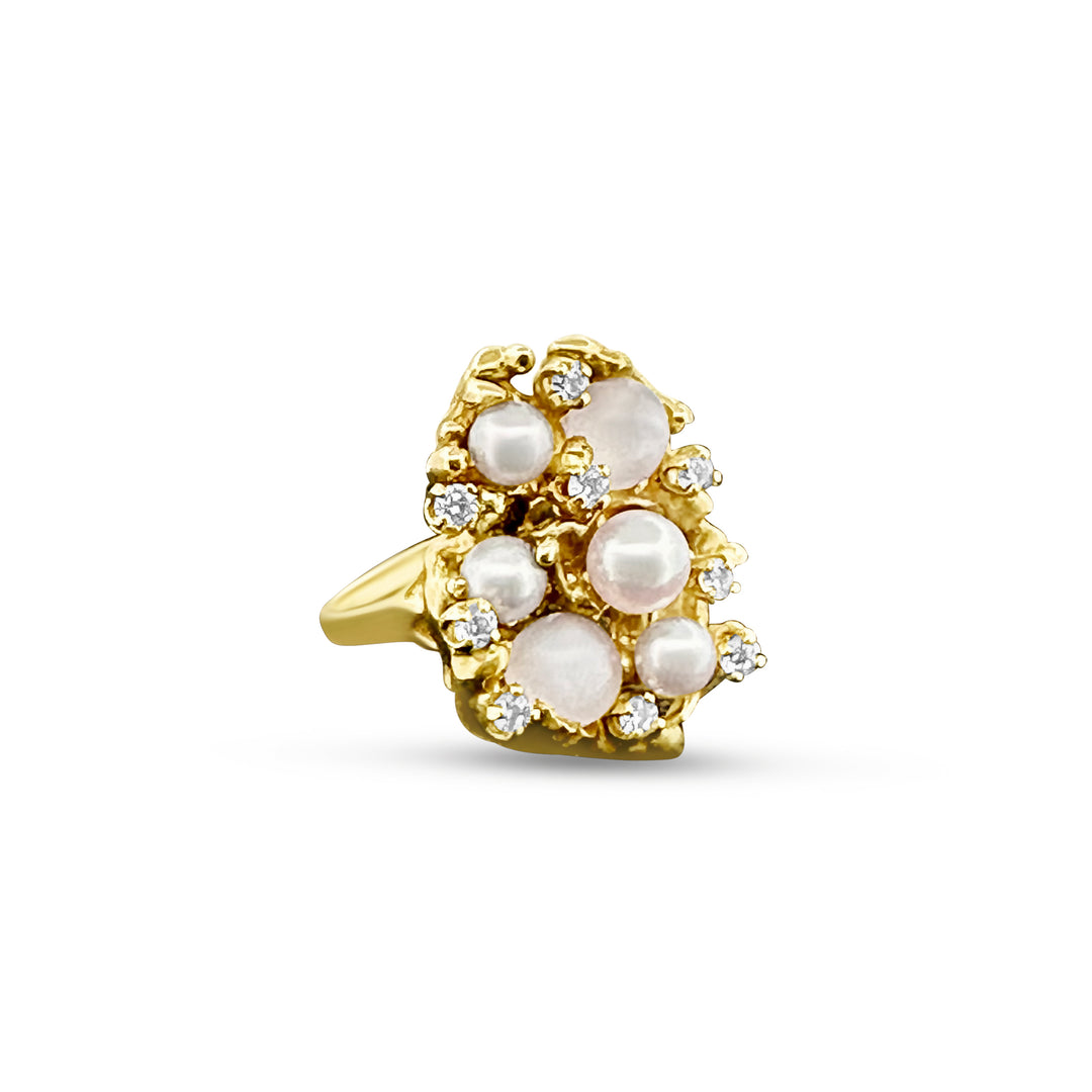 Mid-century cultured pearl and cat's eye moonstone cocktail ring