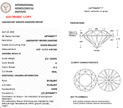 Lab Report for IGI Graded 2.01ct Round Brilliant Lab-Grown Diamond Engagement Ring in 14k Yellow Gold