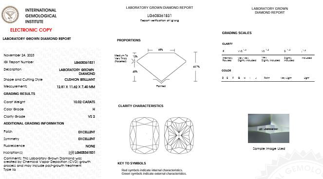 Loose IGI Graded 10.02ct Cushion Cut Lab-Grown Diamond, H Color VS2 Clarity