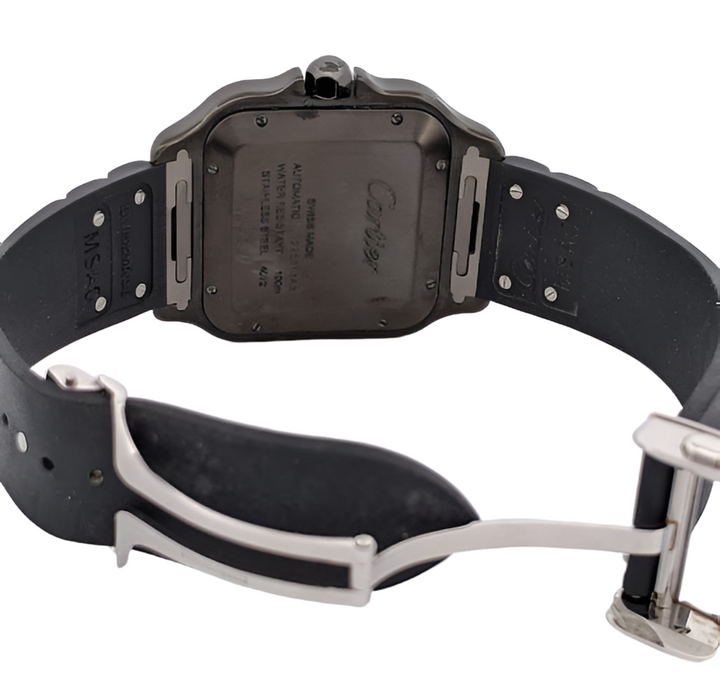 Cartier Santos Watch With Black Rubber Band, Rose Gold & Diamond Bezel with Box & Papers