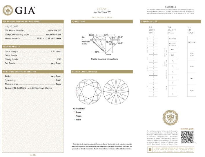 Loose GIA Graded 4.11ct Round Brilliant Cut Natural Diamond Lab Report