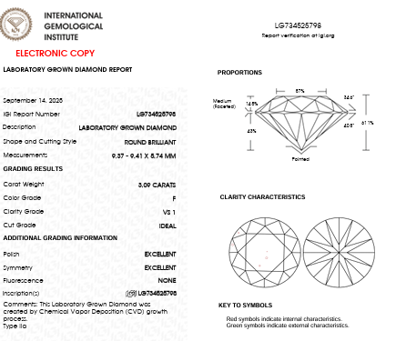 Lab Report for IGI Graded 3.09ct Round Brilliant Center with Hidden Halo Lab-Grown Diamond Engagement Ring in 14k Yellow Gold