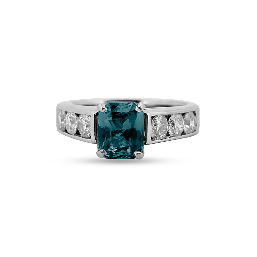 Radiant Teal Sapphire and Diamond ring in 14 karat white gold