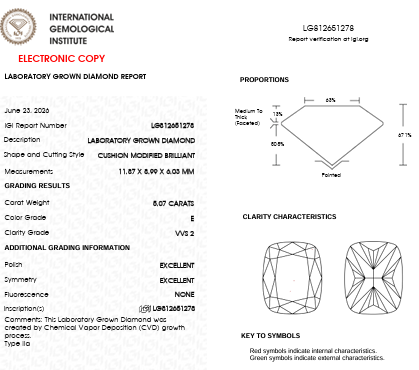 IGI Report for IGI Graded 5.07ct Cushion Cut with Hidden Halo Lab-Grown Diamond Engagement Ring in 14k White Gold