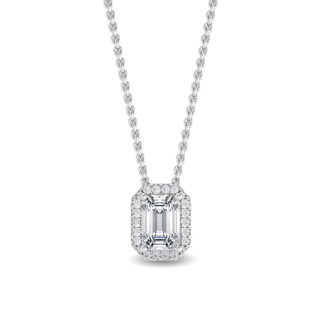 0.80ctw Emerald Cut & Round Brilliant Lab-Grown Diamond Halo Pendant Necklace in 14k White Gold