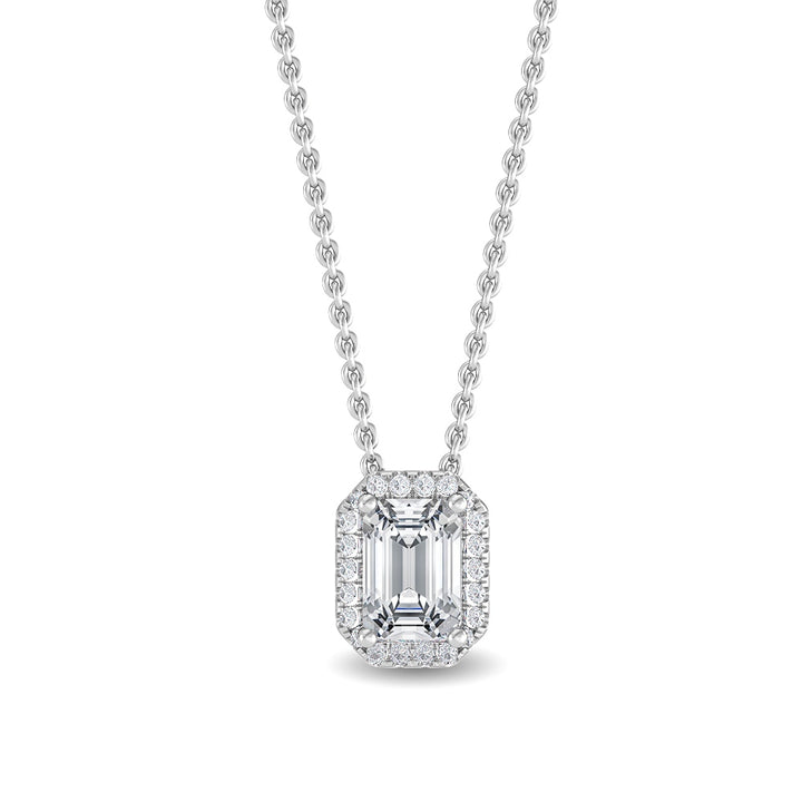 0.80ctw Emerald Cut & Round Brilliant Lab-Grown Diamond Halo Pendant Necklace in 14k White Gold