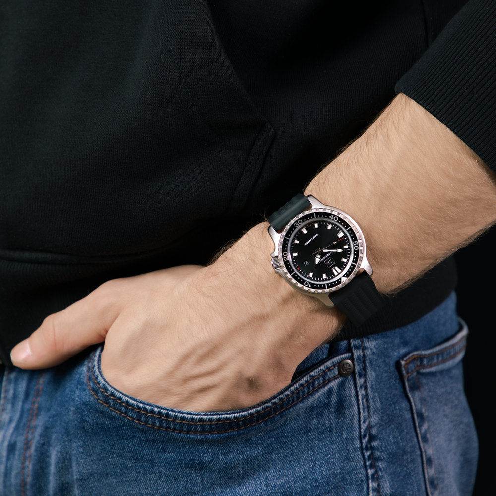 GLOCK GW-44-2-22 45mm Quartz Stainless Steel Watch with Black Silicone Strap