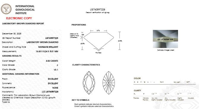 Loose 4.02ct Marquise Lab-Grown Diamond, IGI Graded F, VS1