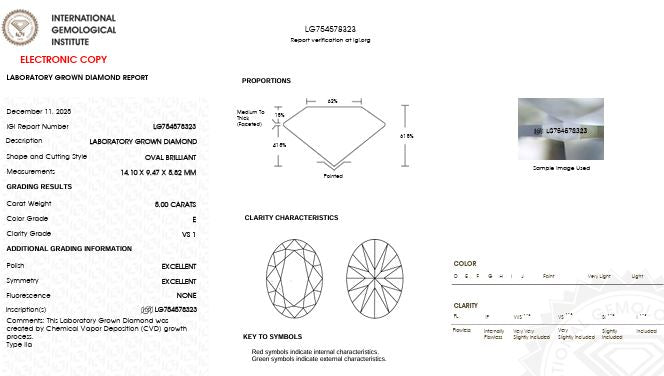 Loose IGI Graded 5.00ct Oval Brilliant Lab-Grown Diamond, E Color, VS1 Clarity
