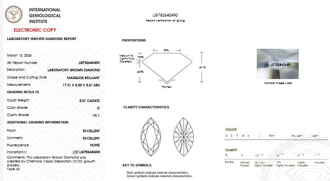 IGI Graded 5.01ct Marquise Center with Round Brilliant Lab-Grown Diamond Hidden Halo Engagement Ring in 14k White Gold