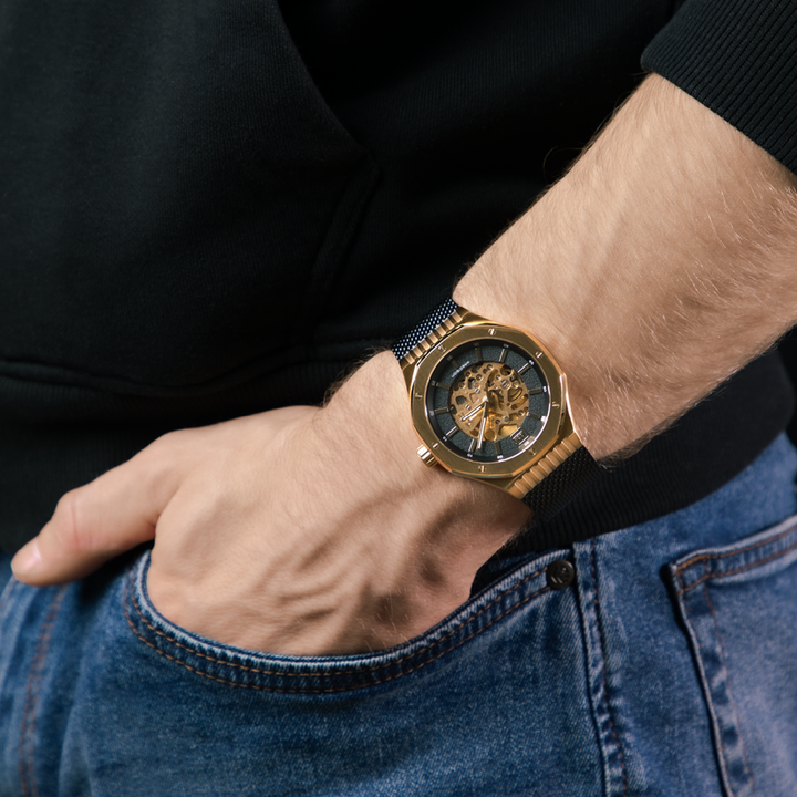 GLOCK GW-21-1-24 45mm Gold-Tone Stainless Steel Automatic Skeletonized Watch with Black Mesh Bracelet