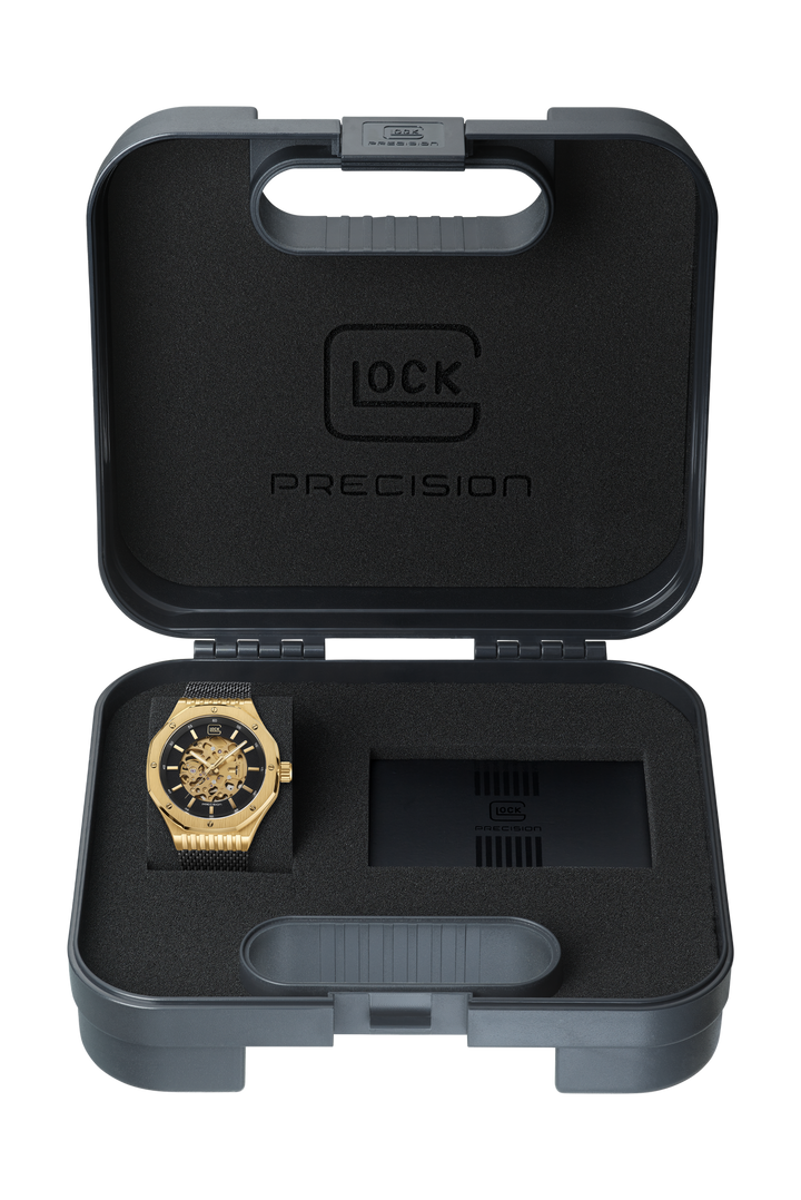 GLOCK GW-21-1-24 45mm Gold-Tone Stainless Steel Automatic Skeletonized Watch with Black Mesh Bracelet