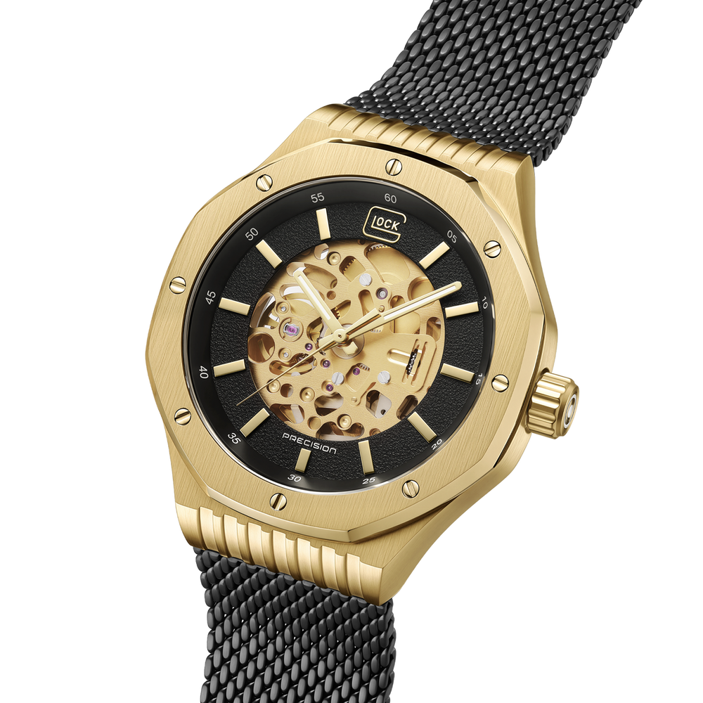 GLOCK GW-21-1-24 45mm Gold-Tone Stainless Steel Automatic Skeletonized Watch with Black Mesh Bracelet