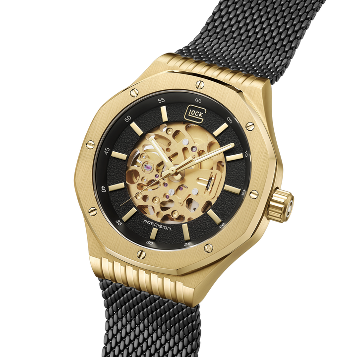 GLOCK GW-21-1-24 45mm Gold-Tone Stainless Steel Automatic Skeletonized Watch with Black Mesh Bracelet