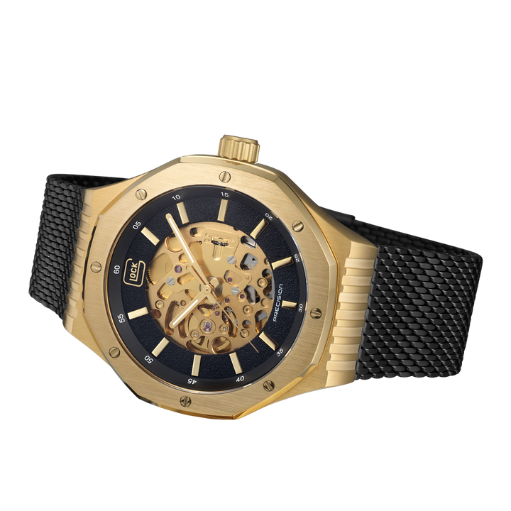 GLOCK GW-21-1-24 45mm Gold-Tone Stainless Steel Automatic Skeletonized Watch with Black Mesh Bracelet