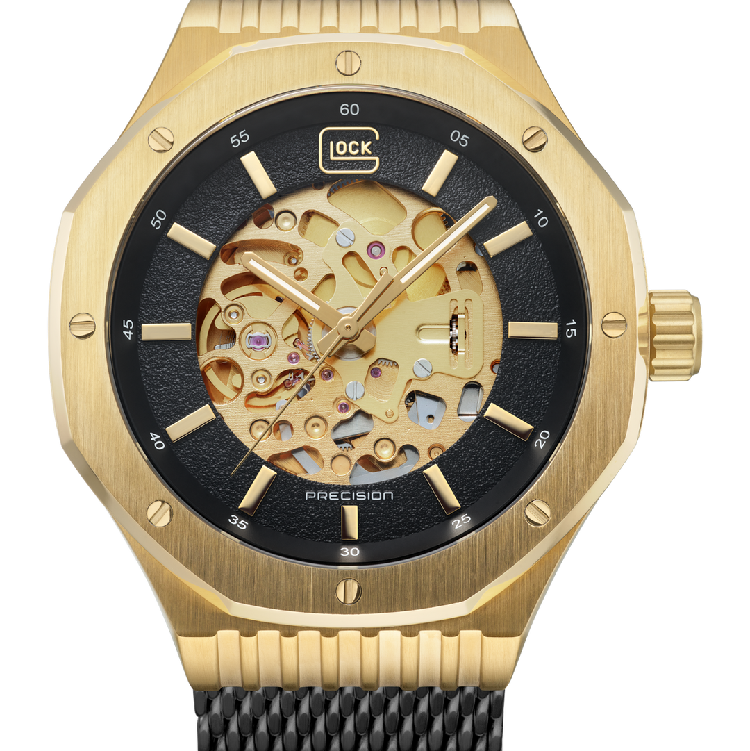 GLOCK GW-21-1-24 45mm Gold-Tone Stainless Steel Automatic Skeletonized Watch with Black Mesh Bracelet