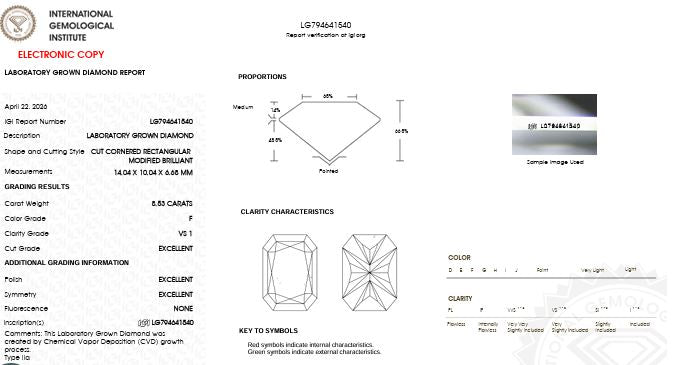 Loose IGI Graded 8.53ct Radiant Cut Lab-Grown Diamond, F Color, VS1 Clarity
