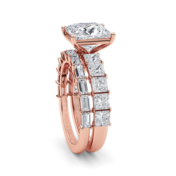 IGI Graded 3.11ct Princess Center with Baguette & Princess Cut Lab-Grown Diamond Wedding Set 14k Rose Gold
