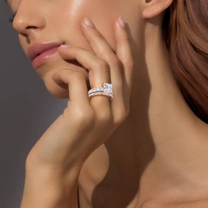 IGI Graded 3.11ct Princess Center with Baguette & Princess Cut Lab-Grown Diamond Wedding Set 14k Rose Gold