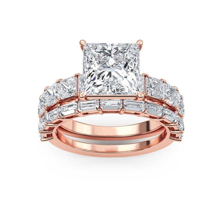 IGI Graded 3.11ct Princess Center with Baguette & Princess Cut Lab-Grown Diamond Wedding Set 14k Rose Gold