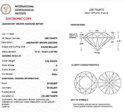 Loose IGI Graded 4.02ct Round Brilliant Lab-Grown Diamond, D Color & VS2 Clarity Lab Report