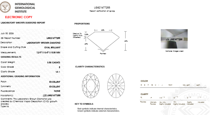 Loose IGI Graded 3.58ct Oval Brilliant Lab-Grown Diamond, E Color, VS1 Clarity Report