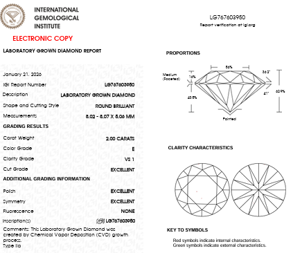 IGI Report for 2ct Round Brilliant Lab-Grown Diamond Hexagonal Pendant Necklace in 14k Yellow Gold