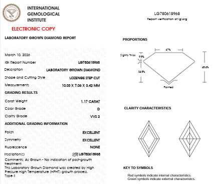 IGI Report for IGI Graded 1.17ct Lozenge Shaped Lab-Grown Diamond Bezel-Set Pendant Necklace in 14k Gold