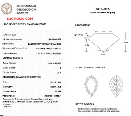 IGI Report for IGI Graded 3.09ct Pear Step-Cut Lab-Grown Diamond Solitaire Engagement Ring in 14k Yellow Gold