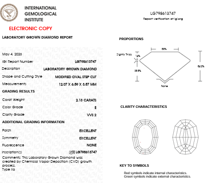 IGI Report for IGI Graded 2.13ct Elongated Oval Step Cut Lab-Grown Diamond Solitaire Engagement Ring in 14k Gold