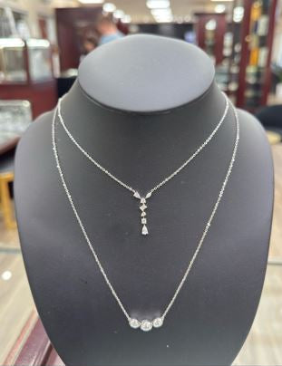1.04cts Oval Cut Lab-Grown Diamond Bezel-Set 3-Stone Pendant Necklace in 14k White Gold layered with ELI025363: Multi-Shaped Pendant Necklace 