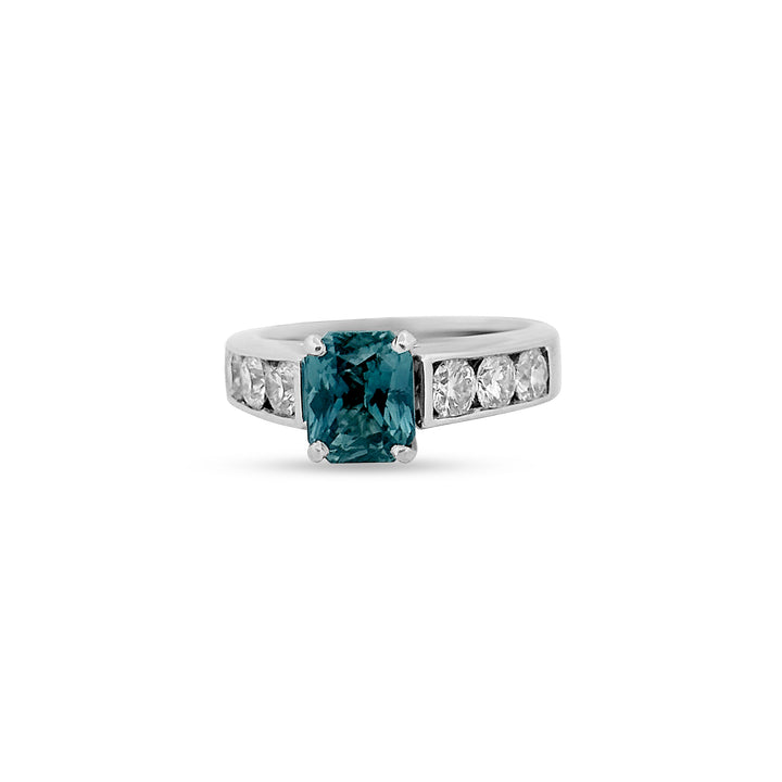 2.50 Carats Radiant Cut Teal Sapphire and Diamond Ring