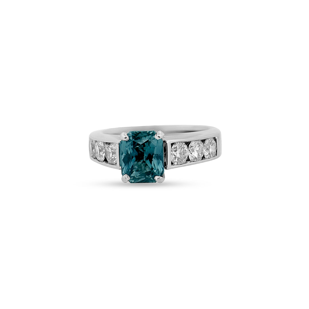 Radiant Teal Sapphire and Diamond ring in 14kt white gold