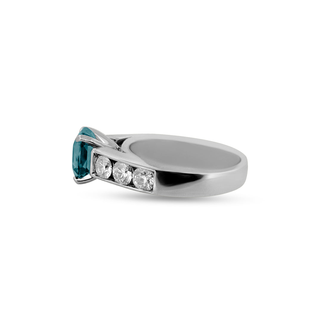Radiant Teal Sapphire and Diamond ring in 14 karat white gold 