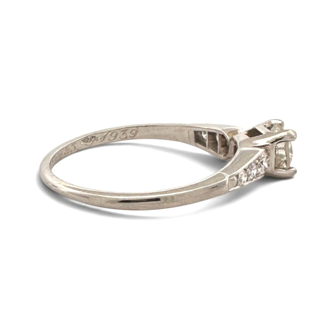 Vintage 0.41ct Round Brilliant Center & Single Cut Natural Diamond Engagement Ring in Platinum