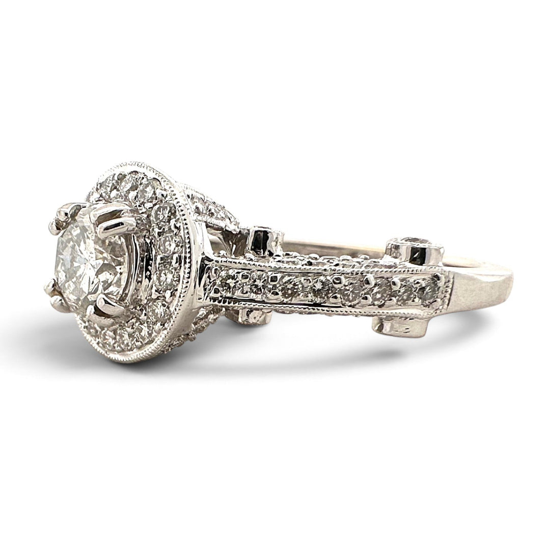 EGL Graded 0.63ct Round Brilliant Center Natural Diamond Halo Engagement Ring in 18k White Gold