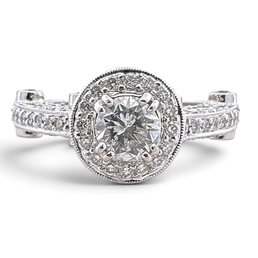 EGL Graded 0.63ct Round Brilliant Center Natural Diamond Halo Engagement Ring in 18k White Gold