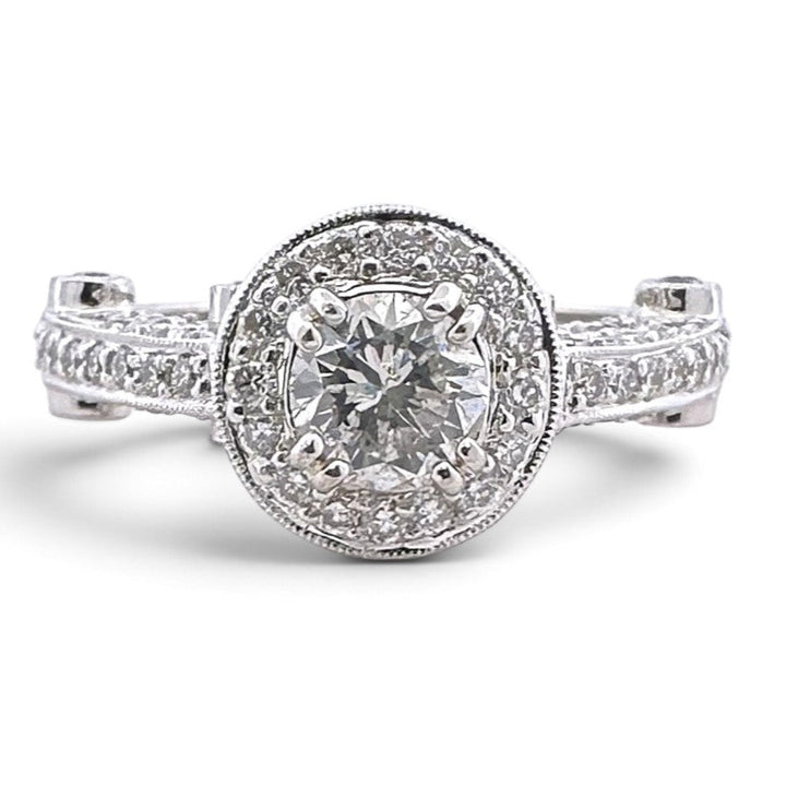 EGL Graded 0.63ct Round Brilliant Center Natural Diamond Halo Engagement Ring in 18k White Gold