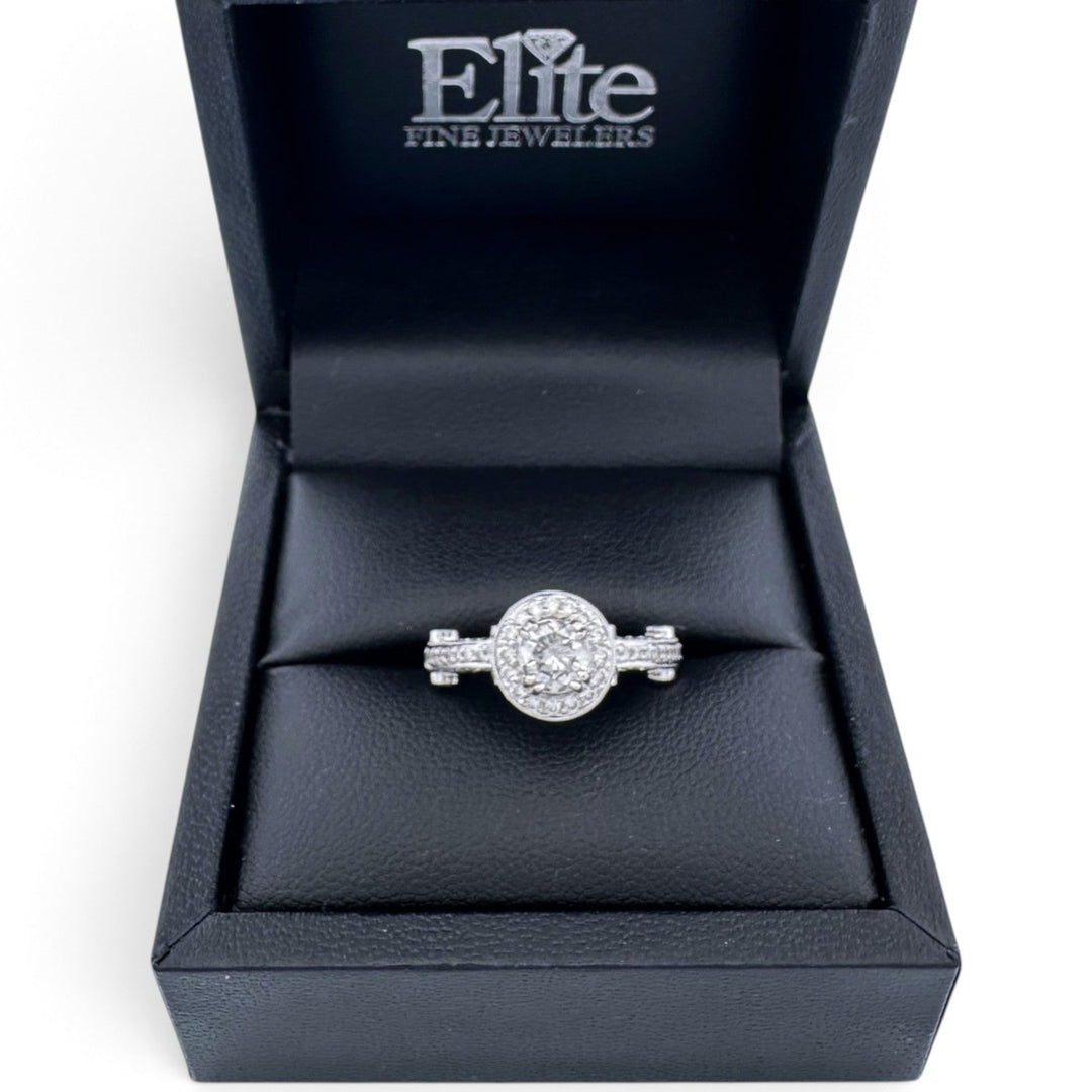 EGL Graded 0.63ct Round Brilliant Center Natural Diamond Halo Engagement Ring in 18k White Gold