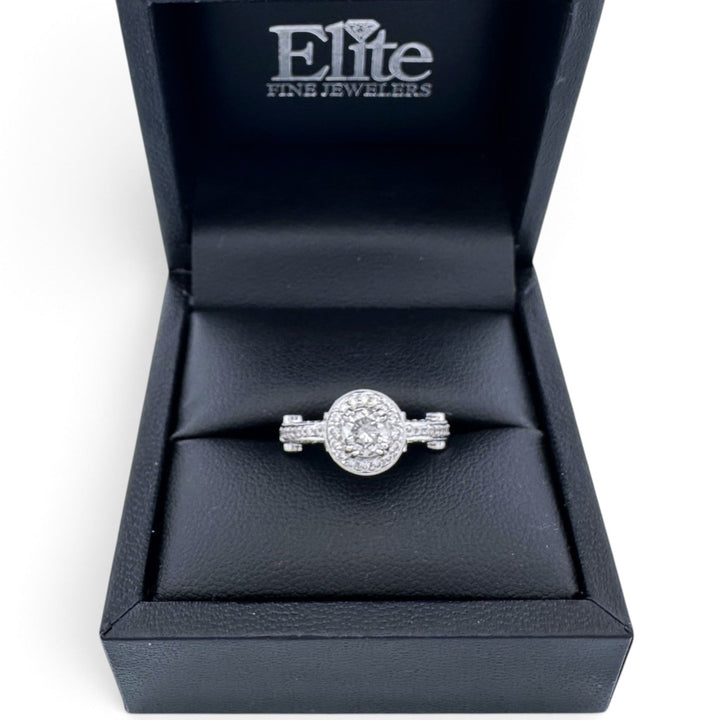EGL Graded 0.63ct Round Brilliant Center Natural Diamond Halo Engagement Ring in 18k White Gold